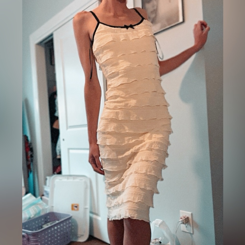 NWT TAYLOR SWIFT TTPD INSPIRED WHITE LAYERED RUFFLE DRESS W BLACK STRAPS AND BOW
